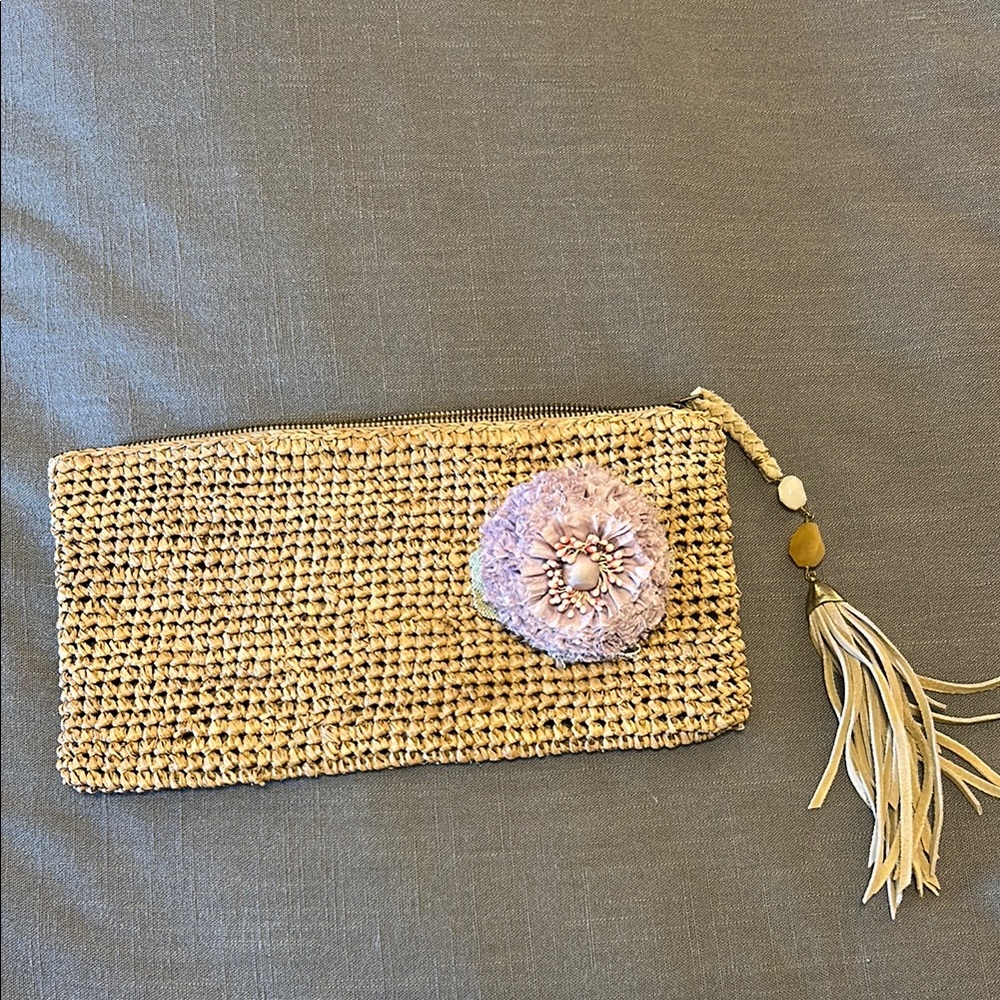 Flora Bella Woven Tan Clutch with Pink Flower Accent